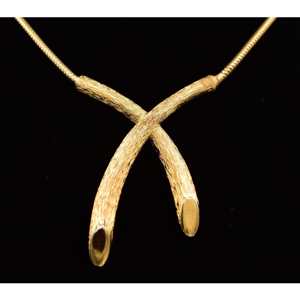 Crown Trifari Vintage Collar Necklace X Drop Brushed Gold Textured Signed BinBC
